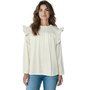 ENGLISH FACTORY Women’s Cream Ruffle Trim Smocked Long Sleeve Knit Top